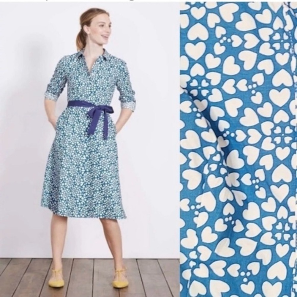 Boden Blue Heart Pattern Midi Dress with Purple Accent